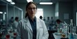 Witness a young woman scientist's journey in a lab, with a white coat and glasses, leading supported by specialists