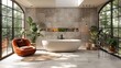   Bathroom features a spacious tub, comfortable chair, and numerous potted plants along the wall