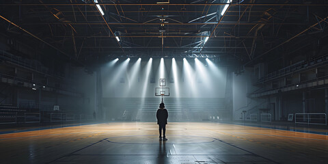 Wall Mural - A basketball player in an empty basketball court is illuminated by spotlights, creating dramatic lighting effects. An empty basketball arena or stadium with spotlights, polished wood, and fan seats.