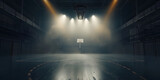 Fototapeta Kosmos - An empty basketball court is illuminated by spotlights, creating dramatic lighting effects. The scene depicts an empty basketball arena or stadium with spotlights, polished wood, and fan seats.