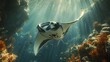 Realistic depiction of a massive manta ray soaring over a vibrant coral reef under the bright sun