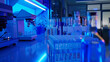 White optics in biotech for water purity analysis, sterile lab environment, blue glow