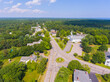 Rye historic town center aerial view including Town Hall, Congregational Church at Central Road and Washington Road in town of Rye, New Hampshire NH, USA.