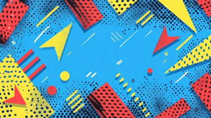 Poster - Blue background with abstract yellow and red shapes creating a vibrant composition