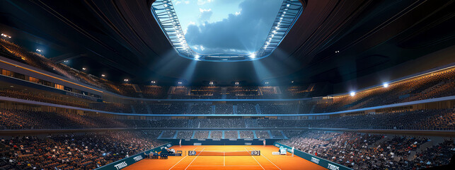 Wall Mural - Professional tennis court, stadion, arena with dramatic steam or smoke. Sport lifestyle background. Copy space. Mockup or banner for sports competitions. Generative ai