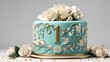  A digital illustration of a wedding anniversary cake adorned with intricate white and turquoise cream decorations, embellished with natural roses and a gold number 1 on a pristine white background.