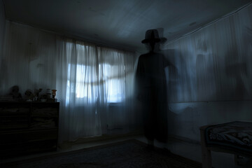 The hat man ominous silhouette of a man wearing a top hat in the room. Paranormal sleep paralysis shadow man ghost figure.