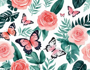 Wall Mural - Flat Watercolor Roses Background