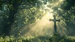 Cross standing among majestic trees in serene forest setting