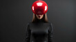 © JohnDesignHub - A striking portrait of a woman in black attire with glowing red spherical headgear, exuding mystery and futurism