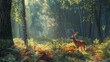 Captivating forest  deer among ferns at dawn, detailed textures, rich colors, wildlife habitat