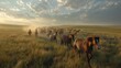Dynamic wild horses galloping in high res grassland under dramatic cloudy sky, extreme detail