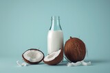 Fototapeta Sport - Coconut milk in a bottle with coconuts on the blue background. Horizontal photo with coconut milk with copy space.
