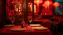 A Red Tablecloth Restaurant With Empty Plates And Wine Glasses On The Tables, With Dark Lighting And Chinese Style Decorations In The Background