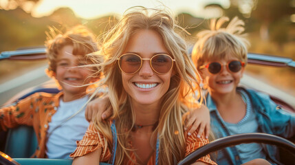 retro mother's day road trip. mother driving car, boy and girl sitting by her in a classic convertib