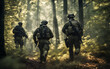 Rear view of a group of special forces moving stealthily through a forest, tactical gear visible