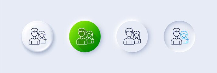 Wall Mural - Group line icon. Neumorphic, Green gradient, 3d pin buttons. Users or Teamwork sign. Male and Female Person silhouette symbol. Line icons. Neumorphic buttons with outline signs. Vector