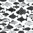 A minimalist and modern  illustration featuring a variety of fish doodles. Generative Ai