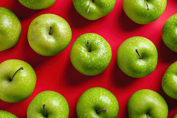 Wall Mural - Group of fresh green apples on red surface, top view with stems, healthy organic fruits concept