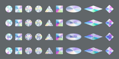 Set of holographic gems on a gray background with electric blue circle pattern
