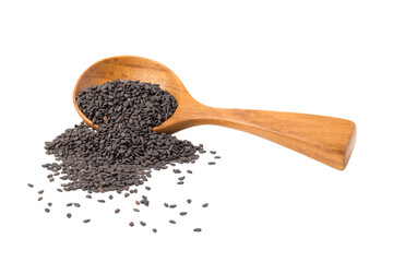 Wall Mural - Black Sesame Seeds  in a wooden spoon. isolated on a white background.