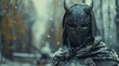 A cinematic movie still of an evil female dragonborn from the game Skyrim, wearing a black mask with horns on top and a hood covering her face in a forest during a snow storm