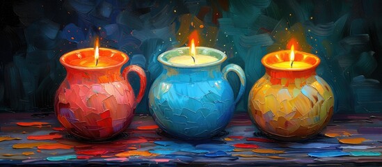 Wall Mural - An art piece featuring three candles housed in porcelain cups on a table, showcasing a blend of serveware and artistry