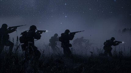 Wall Mural - Silhouettes of armed soldiers against a night sky with stars, depicting military action or historical battle reenactment.
