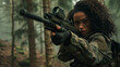 Focused female soldier in camouflage aiming a rifle in a dense forest, displaying determination and readiness for combat.