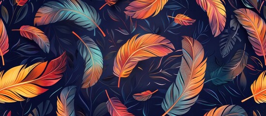 Sticker - A stunning plantinspired art piece featuring a seamless pattern of colorful feathers on an electric blue background, reminiscent of a fictional characters painting in visual arts