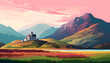 Scottish landscape with mountains and old castle by the lake. Illustration with autumn Scotland.