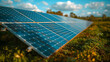 Solar panels in agricultural field under the sunny blue sky