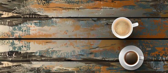 Wall Mural - Two cups of coffee sit on a rectangle hardwood table, resembling an automotive exterior. The wood grain adds art to the vehicleinspired design