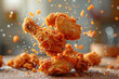 Fried chicken pieces mid-air with crumbs and spices flying around, capturing the dynamic motion and crispy texture, perfect for food advertising.