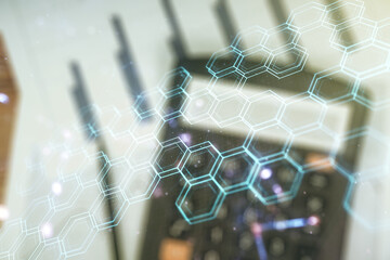 Poster - Double exposure of abstract virtual technology hologram with hexagon on blurry calculator background. Research and development software concept