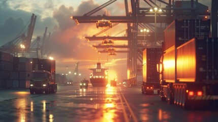 Wall Mural - Container truck in ship port for business Logistics and transportation of Container Cargo ship and Cargo plane with working crane bridge in shipyard at sunrise, logistic import export and transport