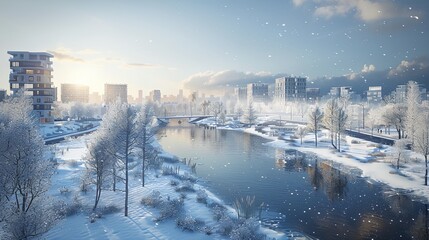 Sticker - a snowy river with a bridge and buildings in the background