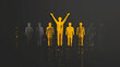 Conceptual image of a golden figure standing out in a row of grey figures on a textured black background, symbolizing leadership, individuality, and uniqueness.