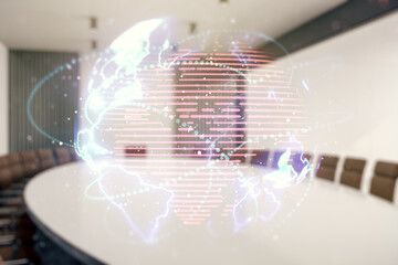 Poster - Double exposure of abstract digital world map hologram with connections on a modern boardroom background, big data and blockchain concept