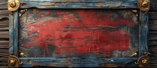 Poster - a wooden frame with a red background is hanging on a wooden wall . High quality