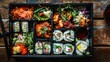 A shot of an intricately arranged bento box highlighting the careful placement of various dishes for an aesthetic and balanced lunch