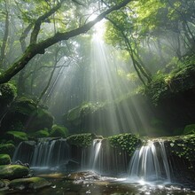 A Forest With A Waterfall And Sunlight Shining Through The Trees