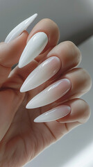 Wall Mural - Elegant female hand with long white stiletto manicured nails on a white background with soft feather texture.