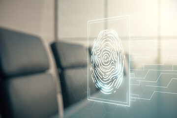 Aufkleber - Double exposure of virtual creative fingerprint hologram on a modern boardroom background, protection of personal information concept
