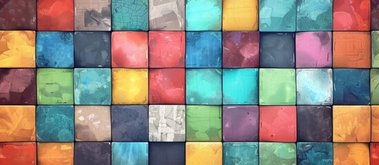 Poster - A close up of a vibrant textile art piece on a wall, featuring a colorful checkered pattern with shades of magenta, electric blue, and symmetrical rectangles