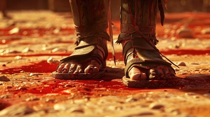 Fototapeta detailed, hyper-realistic image of a gladiator's sandals treading the bloodied sands of the arena