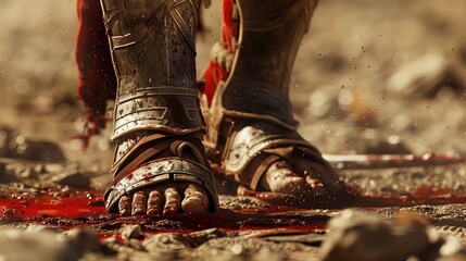 Fototapeta detailed, hyper-realistic image of a gladiator's sandals treading the bloodied sands of the arena