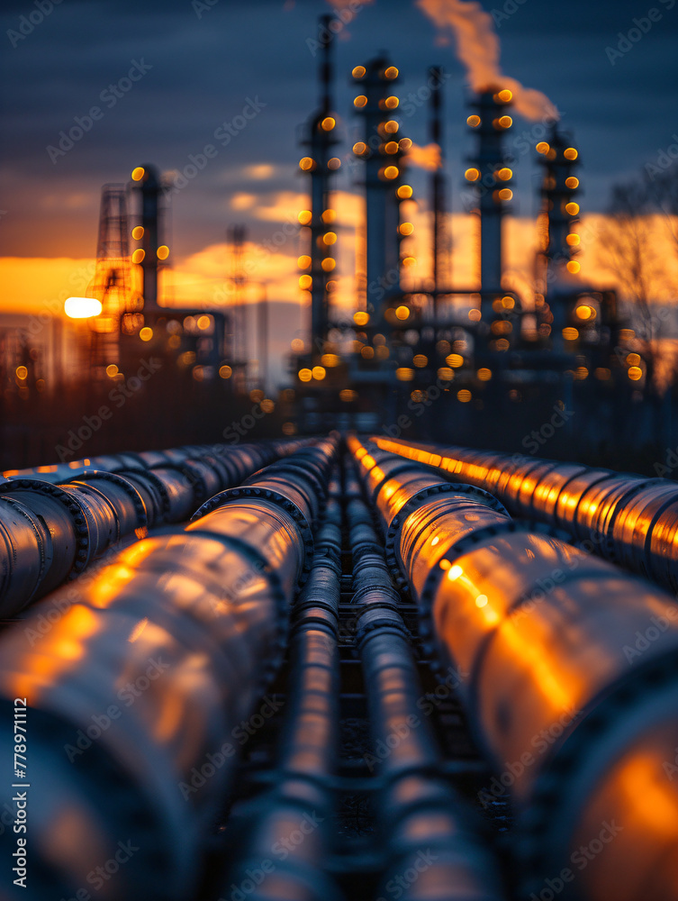 Sunset over industrial refinery with pipelines and distillation towers ...