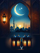 Eid al fitr poster template with lantern and mosque window background islamic greeting cards
