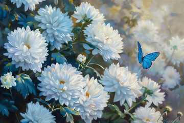 Wall Mural - Chrysanthemum flower with blue butterfly in garden at morning light 